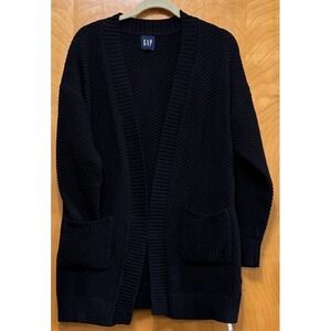GAP Womens 100% Cotton Waffle Knit Long Cardigan Sweater Pockets Black M